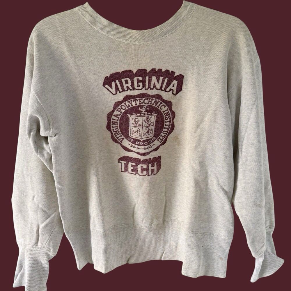 Vintage 50s Champion Processed Sportswear Virginia Tech Sweatshirt Cream Beige